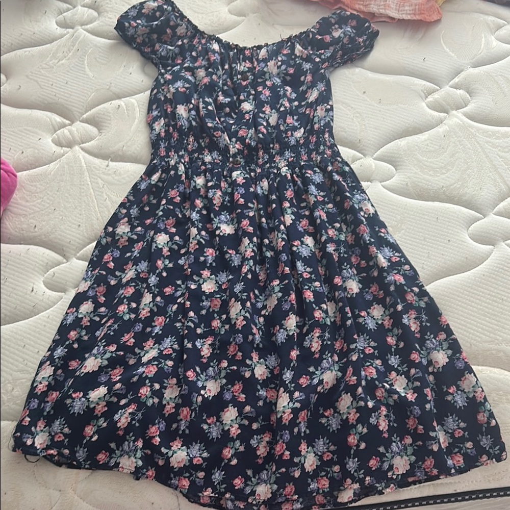 Pink and Blue Ruffled Tiered Sundress with Off the Shoulder Neckline